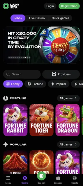 Pantalla de Lucky Star: portada del casino con Fortune Rabbit, Fortune Tiger y Fortune Dragon