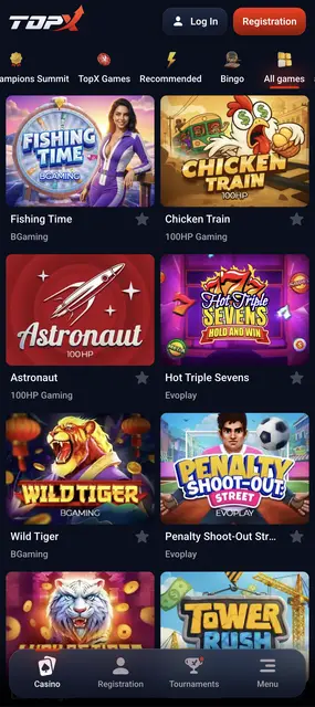 TopX visto en un smartphone: vista de todos los juegos del casino