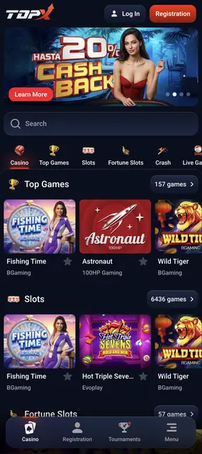Lobby principal con la promo de cashback en la versión móvil de TopX
